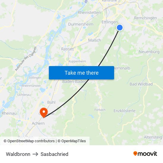 Waldbronn to Sasbachried map