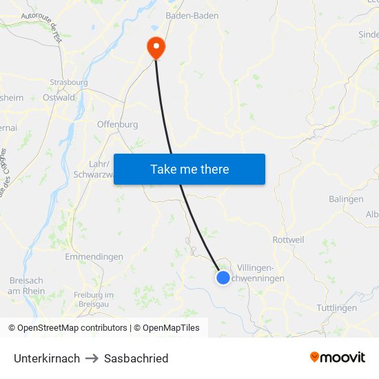 Unterkirnach to Sasbachried map