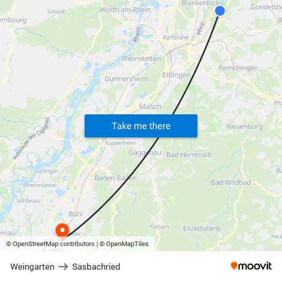 Weingarten to Sasbachried map