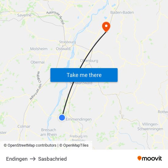 Endingen to Sasbachried map