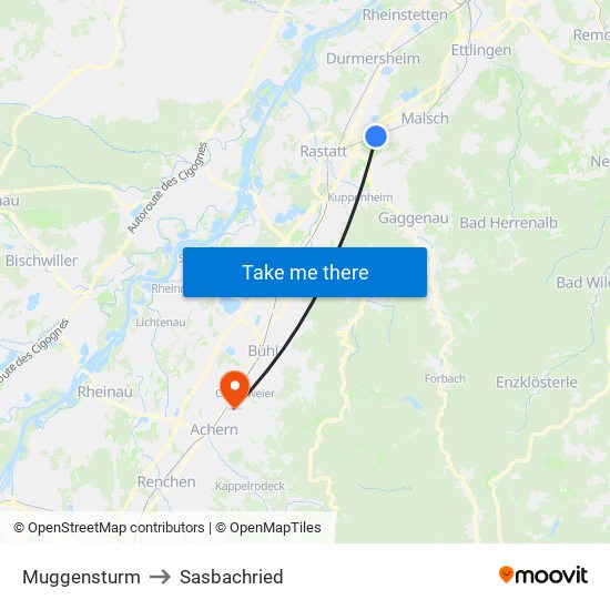 Muggensturm to Sasbachried map