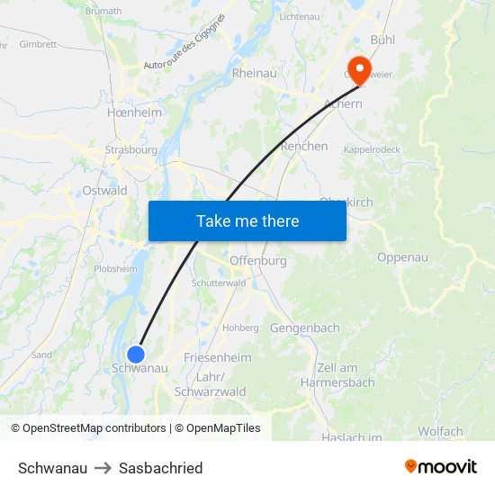 Schwanau to Sasbachried map