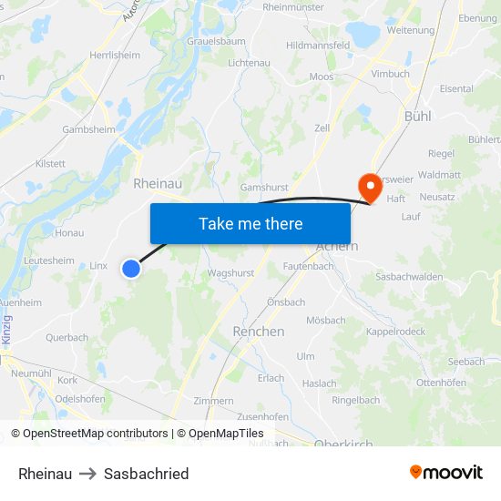Rheinau to Sasbachried map