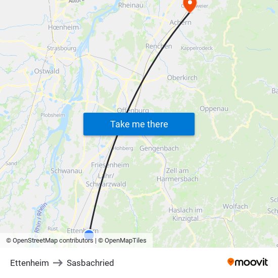 Ettenheim to Sasbachried map