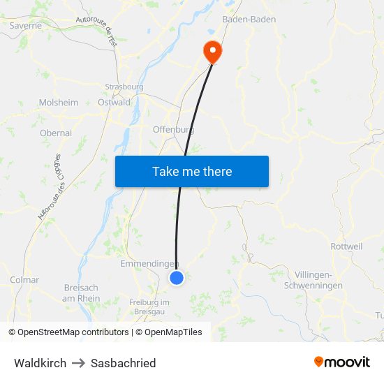 Waldkirch to Sasbachried map