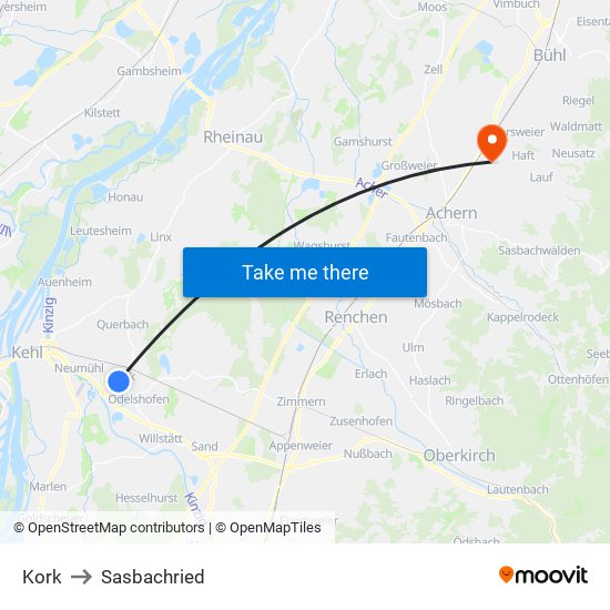 Kork to Sasbachried map