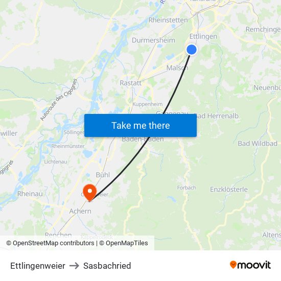 Ettlingenweier to Sasbachried map