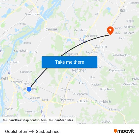 Odelshofen to Sasbachried map