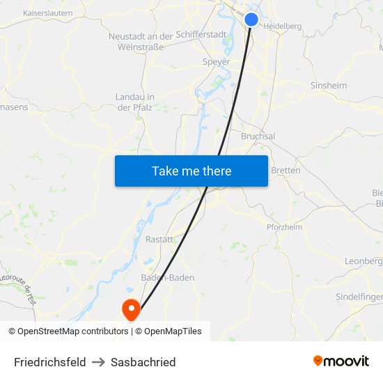 Friedrichsfeld to Sasbachried map