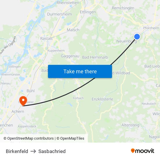 Birkenfeld to Sasbachried map