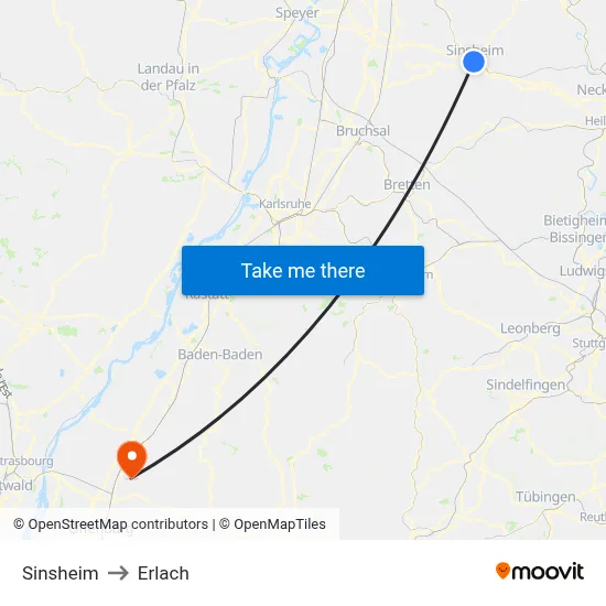 Sinsheim to Erlach map