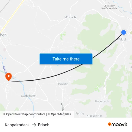 Kappelrodeck to Erlach map