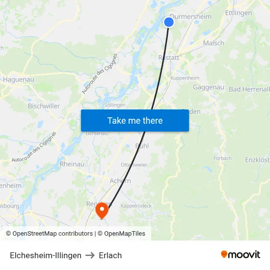 Elchesheim-Illingen to Erlach map