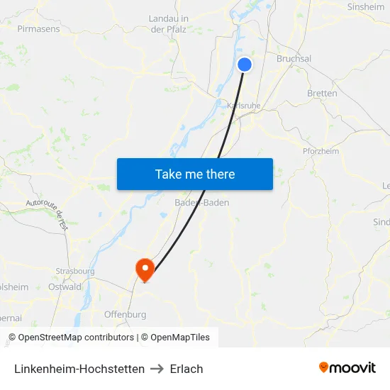 Linkenheim-Hochstetten to Erlach map