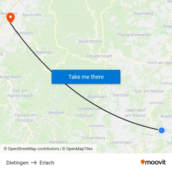 Dietingen to Erlach map