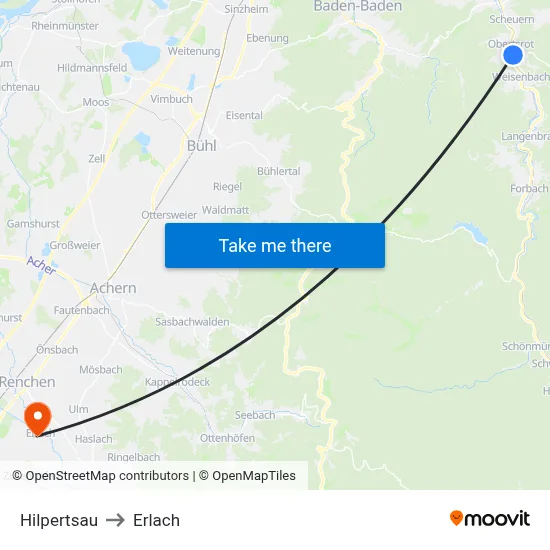 Hilpertsau to Erlach map