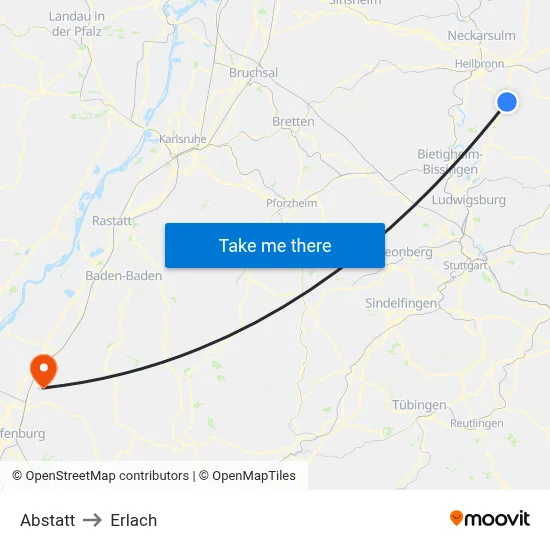Abstatt to Erlach map