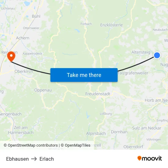 Ebhausen to Erlach map