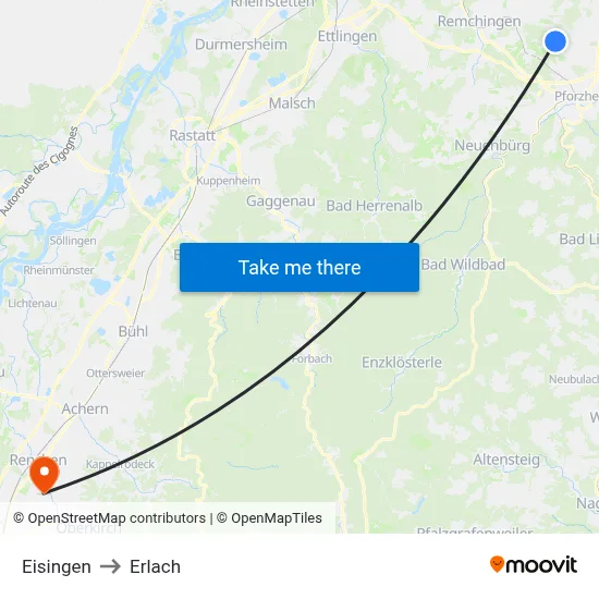 Eisingen to Erlach map