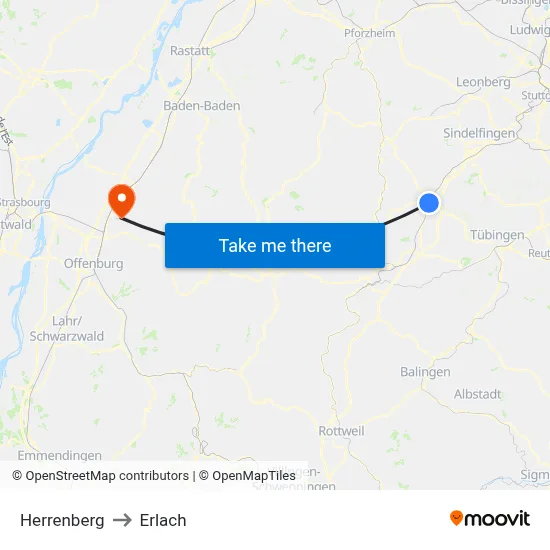 Herrenberg to Erlach map