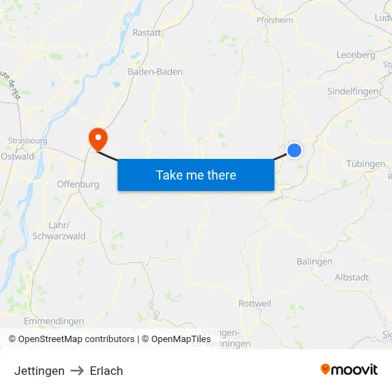 Jettingen to Erlach map