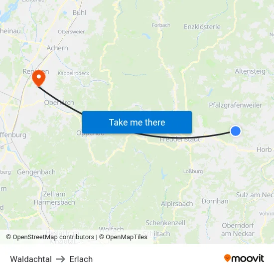 Waldachtal to Erlach map