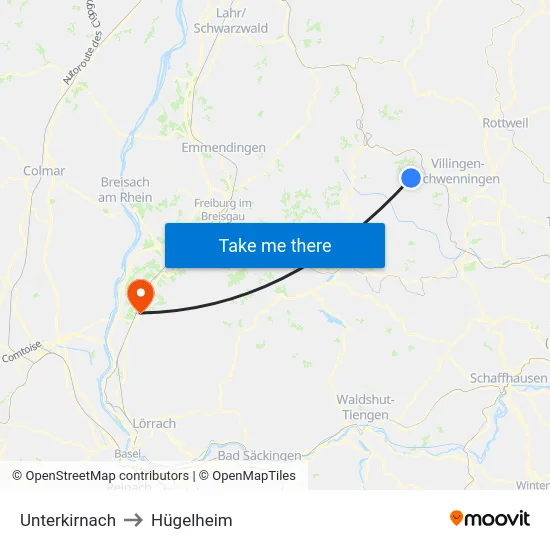 Unterkirnach to Hügelheim map