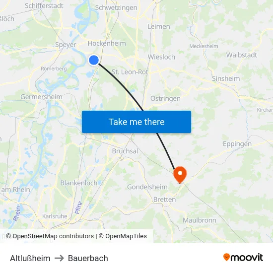 Altlußheim to Bauerbach map