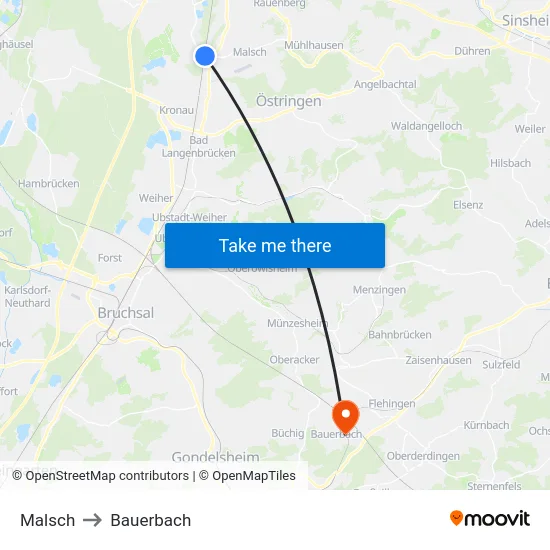 Malsch to Bauerbach map