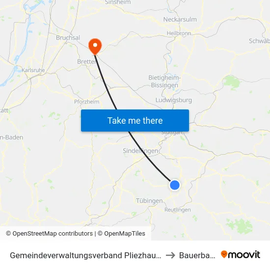 Gemeindeverwaltungsverband Pliezhausen to Bauerbach map