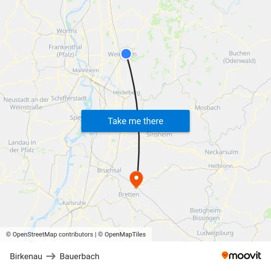 Birkenau to Bauerbach map