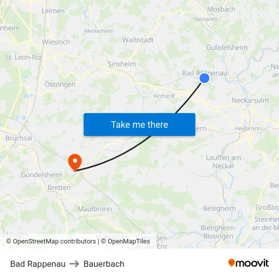 Bad Rappenau to Bauerbach map
