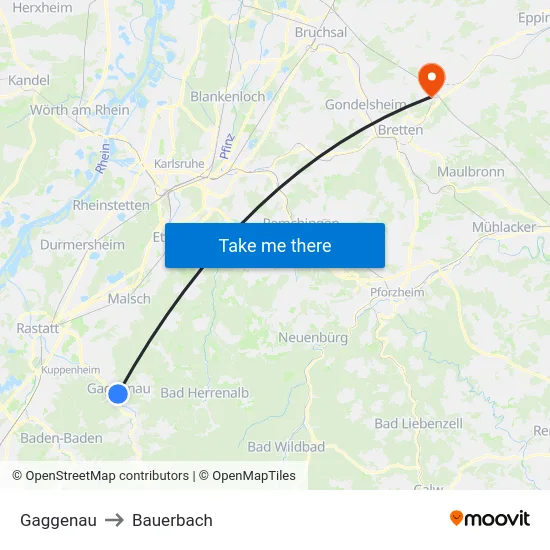 Gaggenau to Bauerbach map