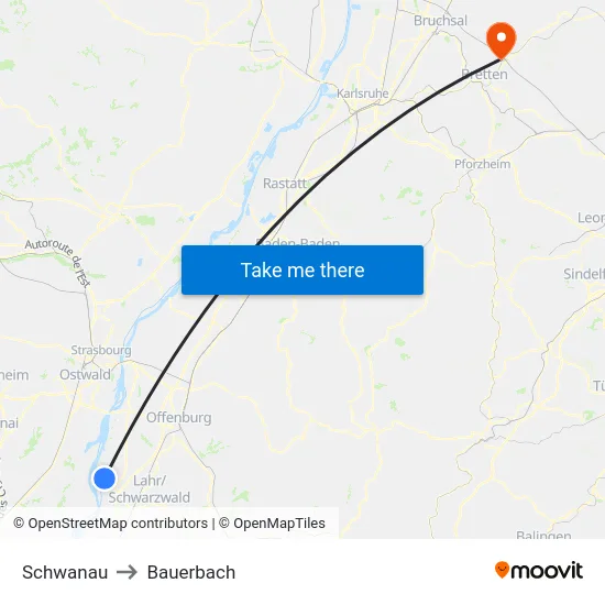 Schwanau to Bauerbach map