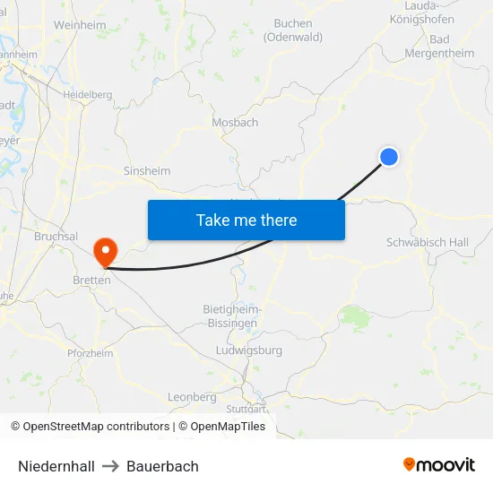 Niedernhall to Bauerbach map