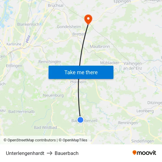 Unterlengenhardt to Bauerbach map