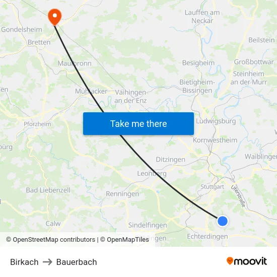 Birkach to Bauerbach map