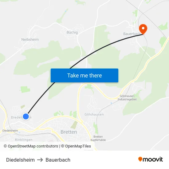 Diedelsheim to Bauerbach map