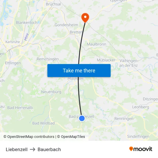 Liebenzell to Bauerbach map