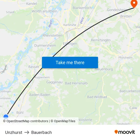 Unzhurst to Bauerbach map