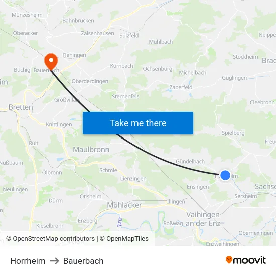 Horrheim to Bauerbach map