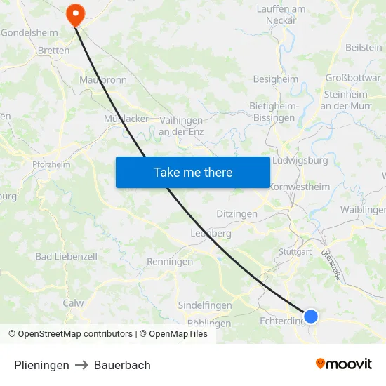 Plieningen to Bauerbach map