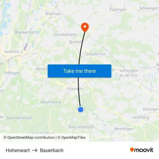 Hohenwart to Bauerbach map
