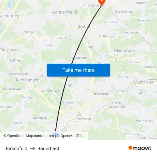 Birkenfeld to Bauerbach map