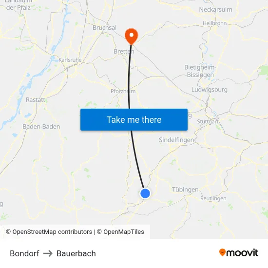 Bondorf to Bauerbach map