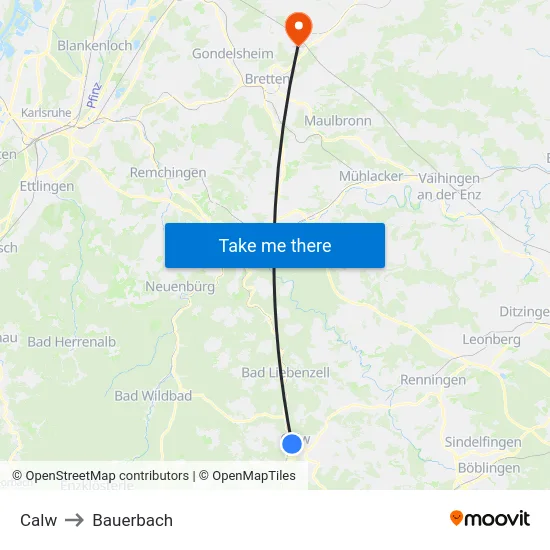 Calw to Bauerbach map