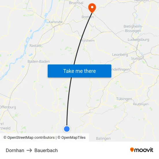 Dornhan to Bauerbach map
