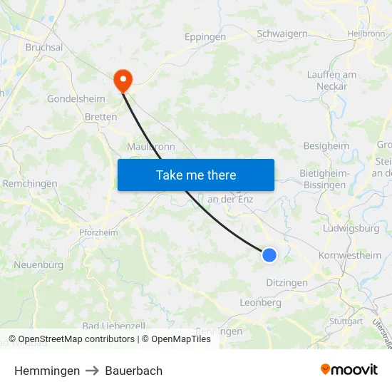 Hemmingen to Bauerbach map