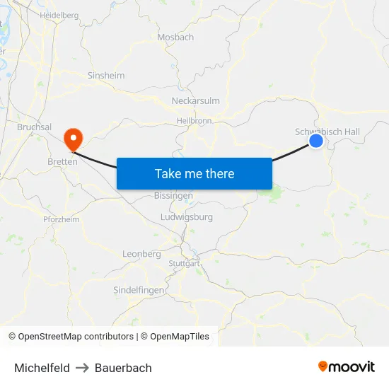 Michelfeld to Bauerbach map