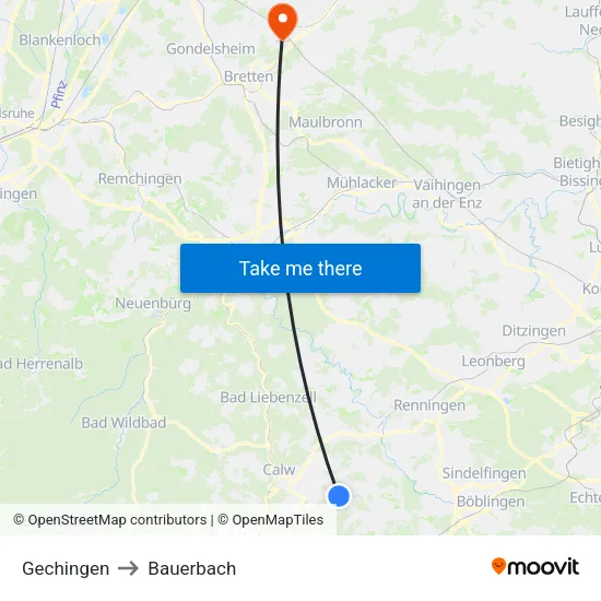 Gechingen to Bauerbach map